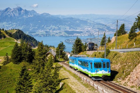 Rigi railway on Mount Rigi in the Alps in Rigi, Switzerland, Europe