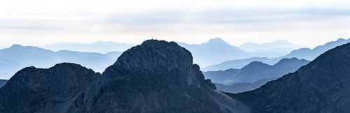 Mountain silhouette mountain peak Roßkopf, Carnic High Trail, Carnic Alps, Carinthia, Austria,