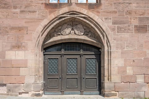 West side with coat of arms above the entrance gate, historic toll hall, built 1498-1502, former