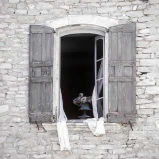 Quarry stone house with open window with shutters, Provence, France, Europe