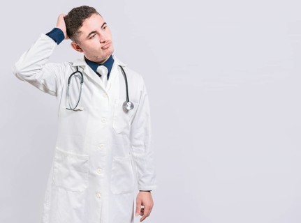 Confused and thoughtful doctor isolated. Uncertain doctor scratching head isolated. Thoughtful