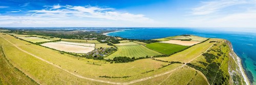 Panorama of Ballard Cliff over Studland from a drone, Jurassic Coast, Dorset Coast, Poole, England,