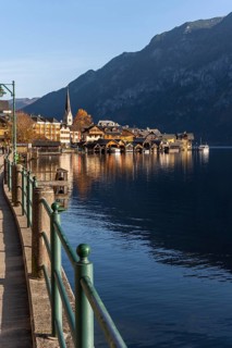 View of Hallstatt and Lake Hallstatt. In the morning in autumn. Good weather, blue sky. Hallstatt,