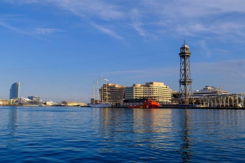 At the harbour, with Telefèric del Port, cable car tower, Barcelona, Catalonia, Spain, Europe