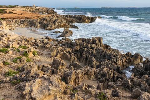 Eroded rocks on the beach of Salines, Ibiza, Balearic Islands, Mediterranean Sea, Spain, Europe