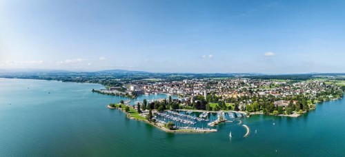 Harbour area, ferry port, yacht harbour, marina of Romanshorn with lake park, aerial view,