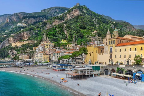 Waterfront of the village with beach, Amalfi, Amalfi Coast, Amalfitana, Campania, Italy, Europe