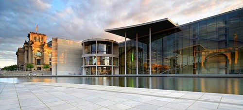 The Reichstag and the Paul Löbe House on the banks of the Spree in the evening light, Spreebogen,