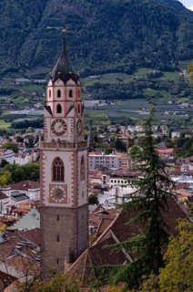 View from the Tappeinerweg trail to Merano with parish church, parish church of St. Nicholas,