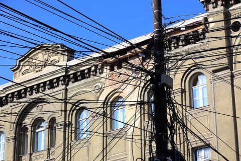 Buildings at the Piata Sankt Georg, Sf. Gheorghe, electric lines, Romania, Banat, Timisoara,