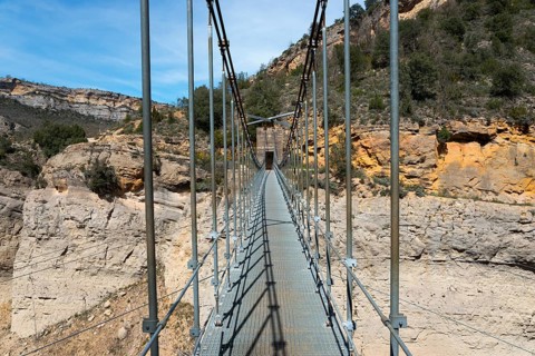 A long suspension bridge spans a deep, rocky gorge in a nature reserve, Noguera Ribagorçana