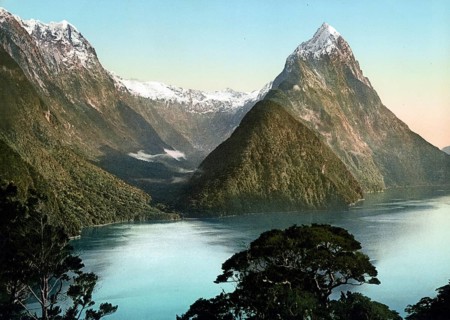 The Mitre Peak, Milford Sound, New Zealand, 1890, Historic, digitally restored reproduction from a
