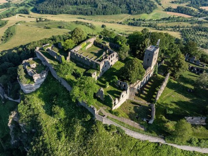 Aerial view of the Hohentwiel volcanic cone with Germany's largest fortress ruins, district of