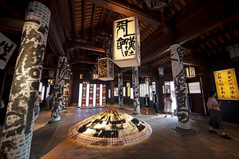 Exhibition hall in the Temple of Literature in the Old Quarter of Hanoi, Vietnam, Asia
