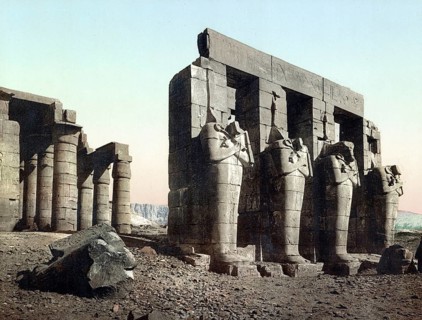 Thebes, Ramesseum. Statues of Orisis and the Pillars of the Temple, Egypt, Historical, digitally