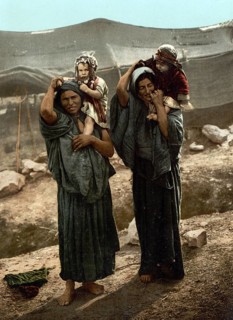 Bedouins, Women with Children, Lebanon, Historical, digitally restored reproduction from a 19th