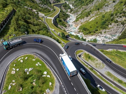 Switchbacks on the Gotthard Pass. Winding Alpine road. Drone photo. Andermatt, Canton Uri,