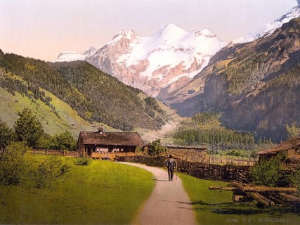Blümlisalp und Chalets, Bernese Oberland, Switzerland, Historic, digitally restored reproduction