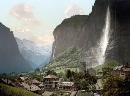 Jungfrau und Staubbach, Bernese Oberland, Switzerland, Historic, digitally restored reproduction