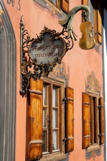 Violin-making museum, facade with Lüftlmalerei, Mittenwald, Werdenfelser Land, Upper Bavaria,