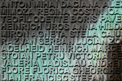 Banat, Timisoara, Timisoara, old town centre, names on a fountain, metal plate with names, Romania,