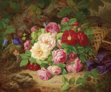 Lush bouquet of flowers on the forest floor, painting by Josef Lauer (1818, 1881), Austrian still