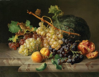 Fruit still life with pomegranate, grapes and melon, painting by Josef Lauer (1818, 1881), Austrian