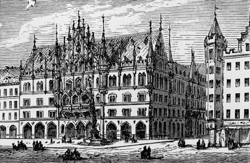 New town hall on Marienplatz in neo-Gothic architecture, Munich city administration, fountain,
