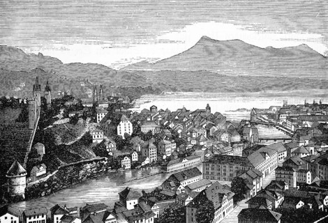 City view of Lucerne with parts of the old city fortifications Musegg wall and Musegg towers, Lake