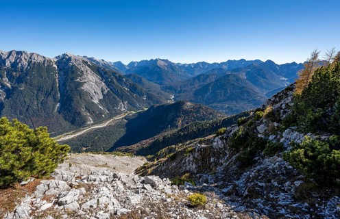 Mountain landscape in autumn, view of the Upper Isar Valley with Pleisenspitze in the Karwendel,