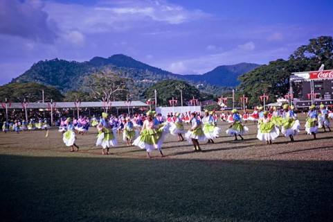 Colourful young female dancers, Port of Spain, Trinidad c 1962 independence pageant