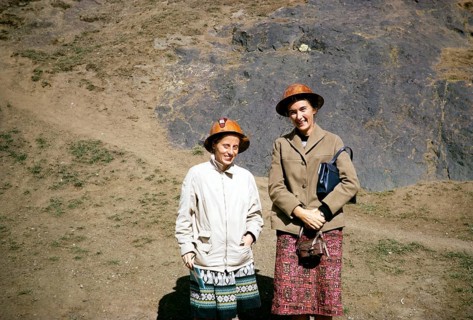 Mining at Cerro de Pasco, Peru, South America, around 1962 two female tourists with safety helmets
