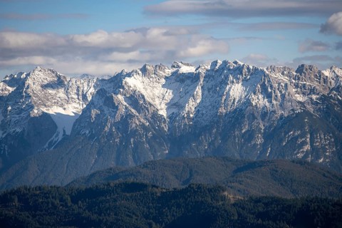Mountain peak of the Karwendel mountains with snow in autumn, mountain panorama, view from