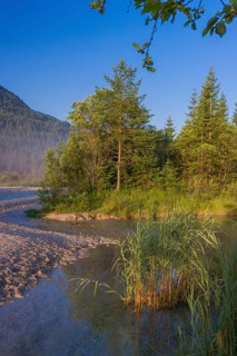 Isar valley nature conservancy area. The wild Isar river flows through its gravel bed past