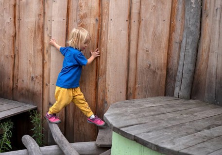 Little girl, 3 years, blonde, balancing, gymnastics, playing, adventure playground, playground,