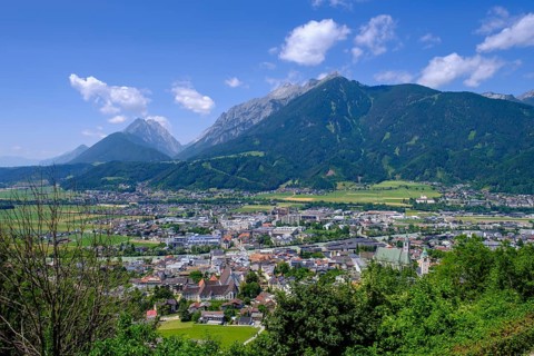 From Frundsberg Castle, view of Schwaz and the Inn Valley, Schwaz, Inn Valley, Tyrol, Austria,