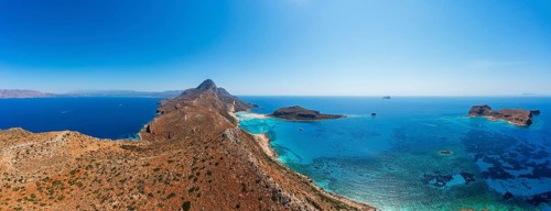 Drone shot, Gramvousa peninsula with view to the beach and bay of Balos, Kolimbari, West Crete,