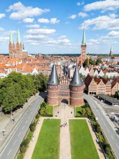 Holstentor Holsten Tor aerial view in the Hanseatic city of Lübeck, Germany, Europe