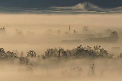 Foggy mood, fog, morning light, backlight, church tower, autumn, Loisach-Lake Kochel moor, view of