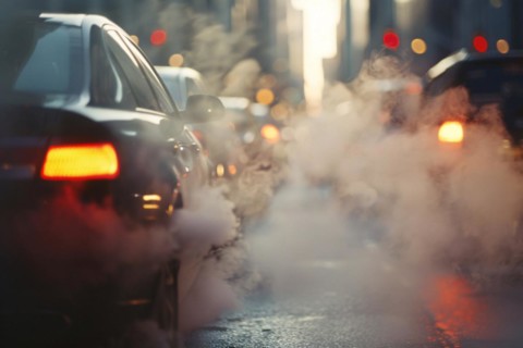 City street full of smoke caused by car exhaust gas, KI generiert, generiert, AI generated