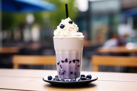 Blueberry milkshake on cafe table. KI generiert, generiert, AI generated