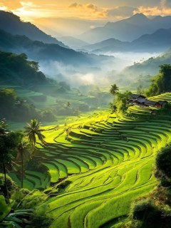 Early morning light bathes Philippines rice terraces cascading down mountain slopes, AI generated