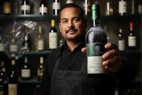 AI generated sommelier gripping a dust covered wine bottle with antiquated label