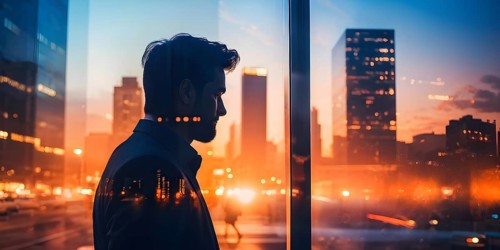 AI generated profile of a businessman with a double exposure of city lights, representing business