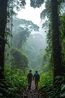 Adventurous couple hiking through dense amazon rainforest, AI generated