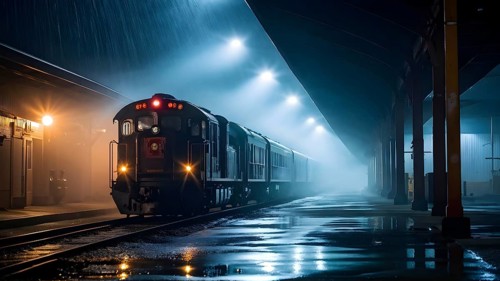 Nighttime train wash in a misty depot with water spray, AI generated