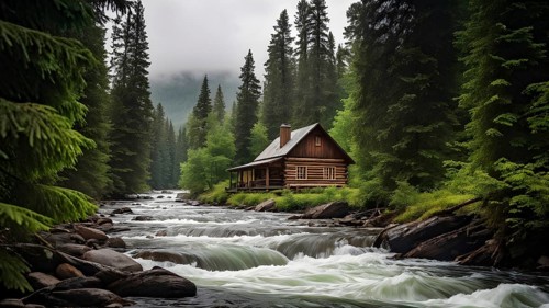 Rustic log cabin nestled in a dense evergreen forest with a river with whitewater in the