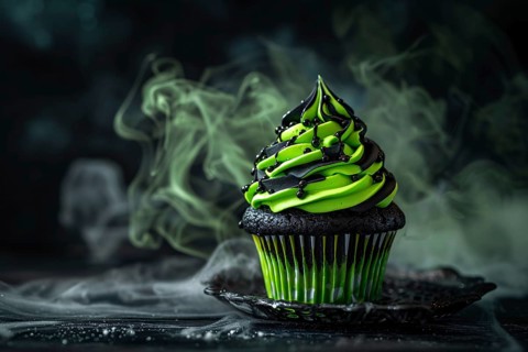Halloween cupcake with bright neon green and black frosting. Generative Ai, AI generated