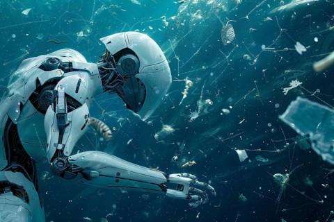 Robot surrounded by floating trash in deep sea, AI generated