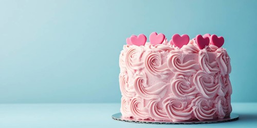Whole pink cream cake with hearts on pastel blue background with copy space. Generative Ai, AI